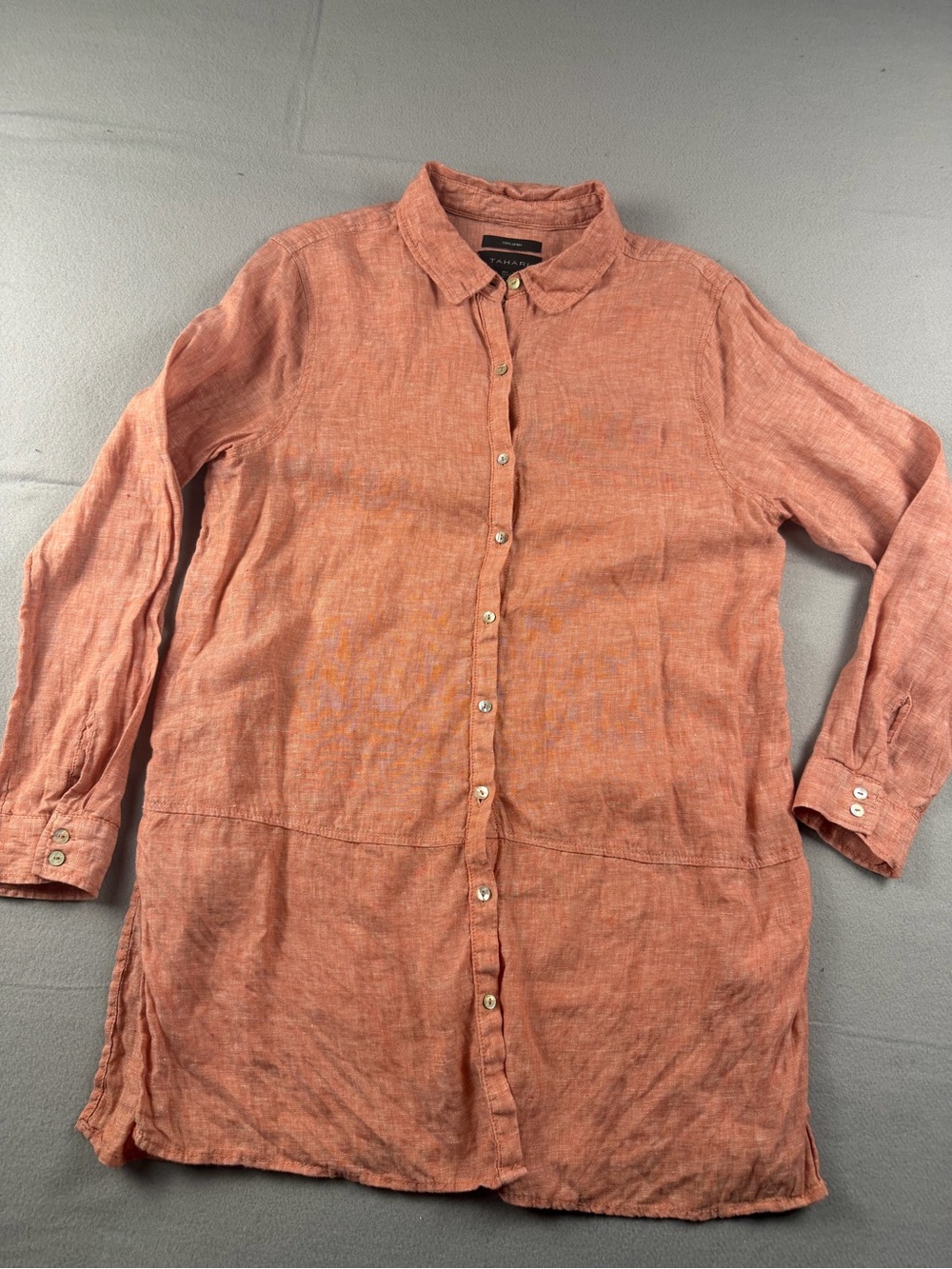 Tahari Rust Collared Button-Up Tunic 100% Linen Long Sleeve Women's L